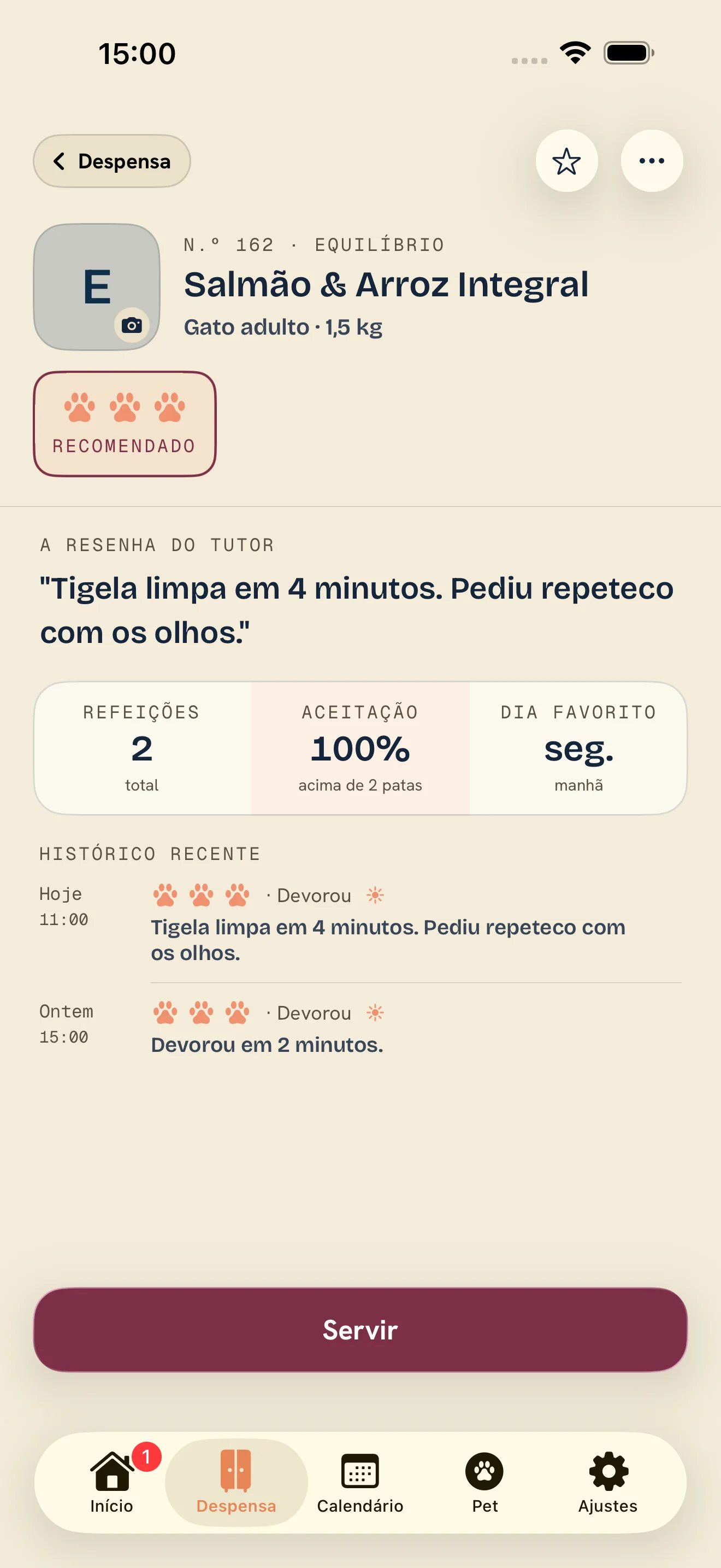 Ficha de um alimento no Tigela Boa com a resenha do tutor, a taxa de aceitação e o histórico de refeições.