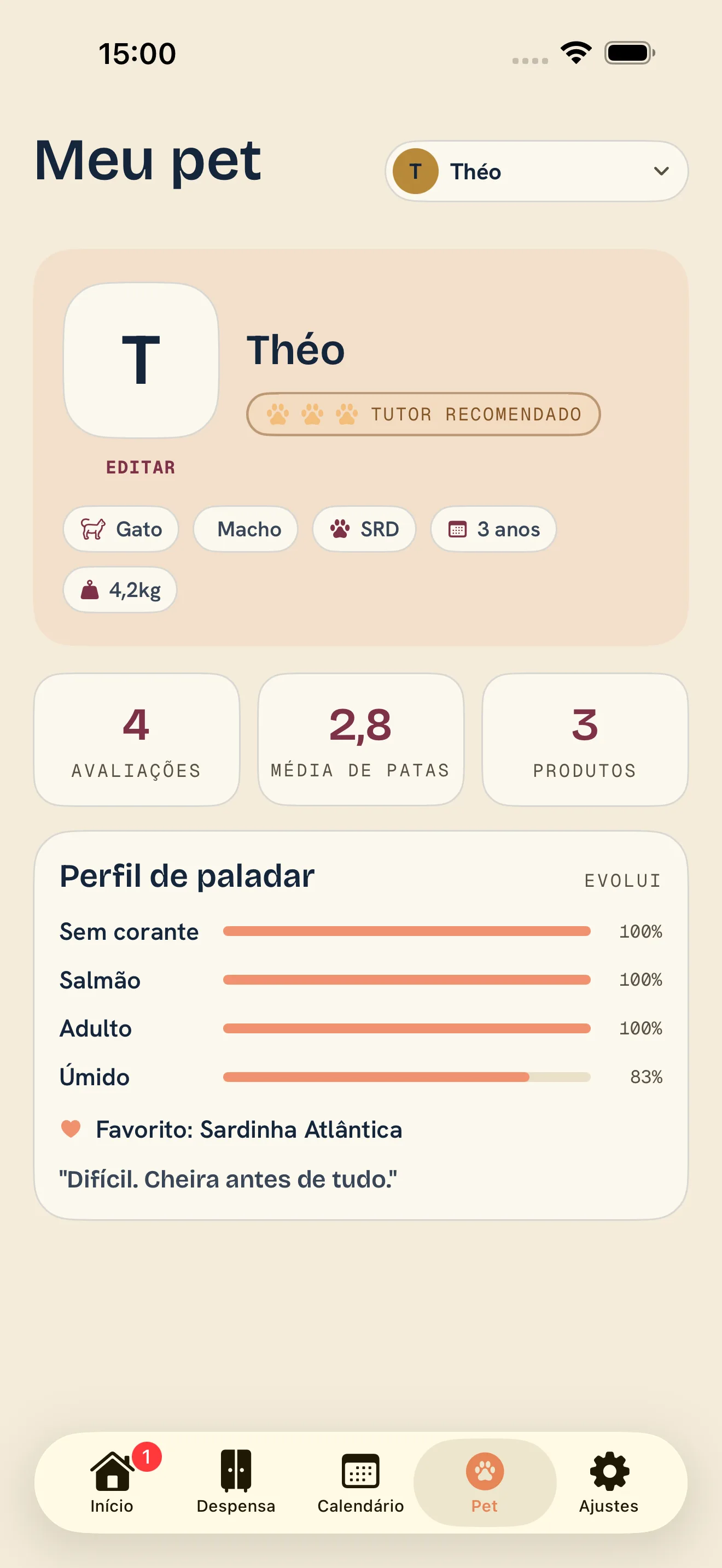 Perfil do pet no Tigela Boa com o perfil de paladar: sabores preferidos, tipo de ração e marca favorita.